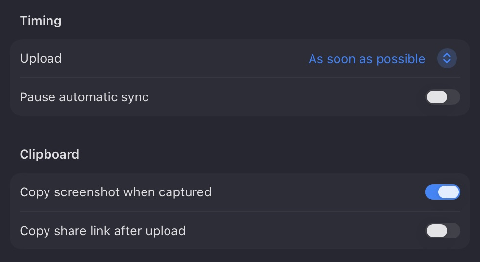 Sync settings showing upload timing, automatic sync, and clipboard options