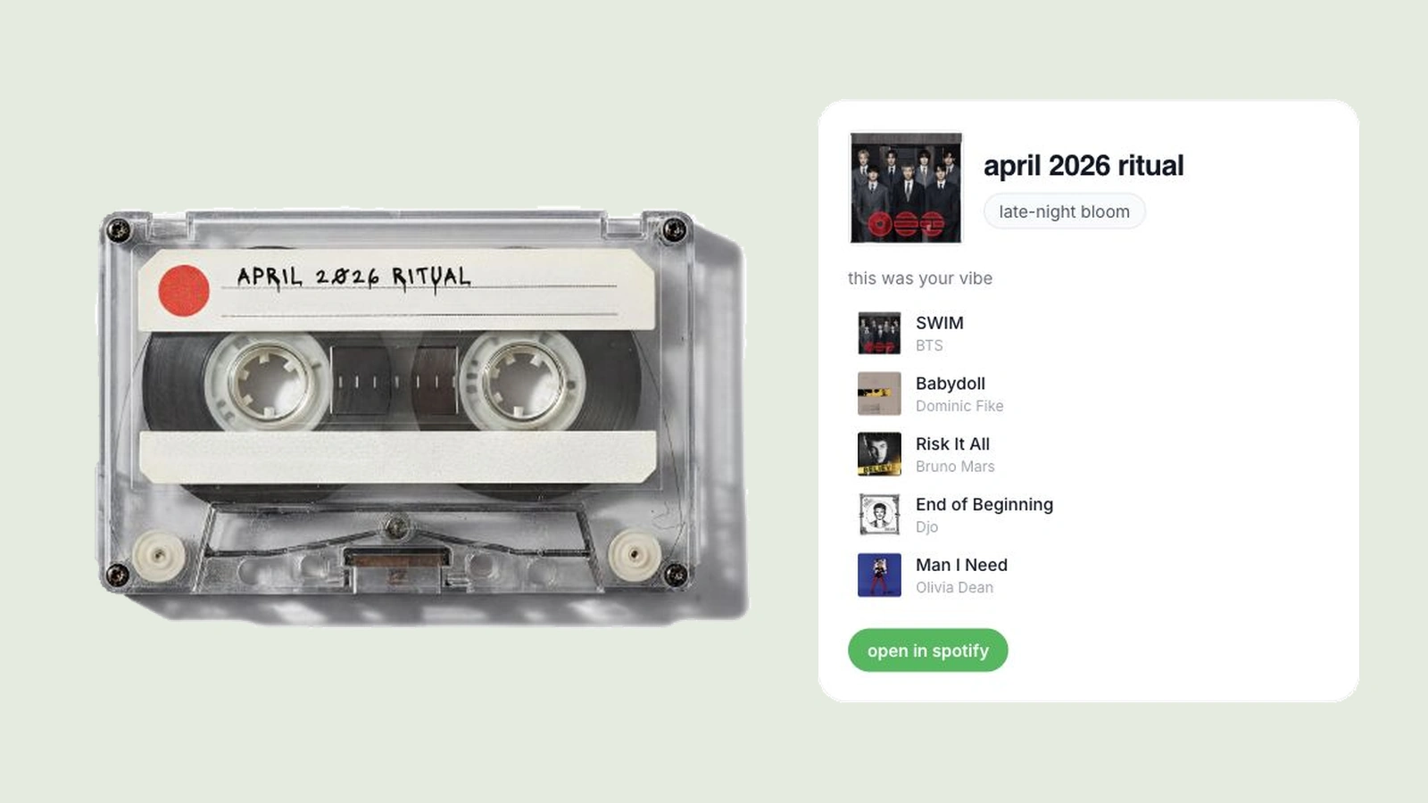 Spotify Ritual’s real dashboard showing its cassette and monthly archive interface with fixture data